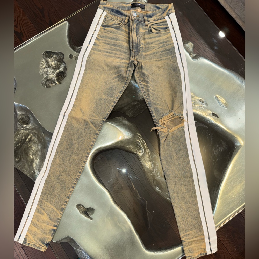 AMIRI Tan Skinny Jeans with White Stripes